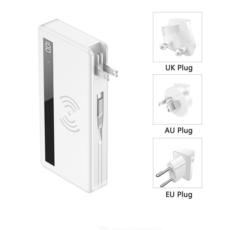 4 in 1 20000mAh Power Bank Wireless Charging Powerbank Built in Cable Portable Charger for Samsung iPhone 12 Poverbank with Plug: All Plug White