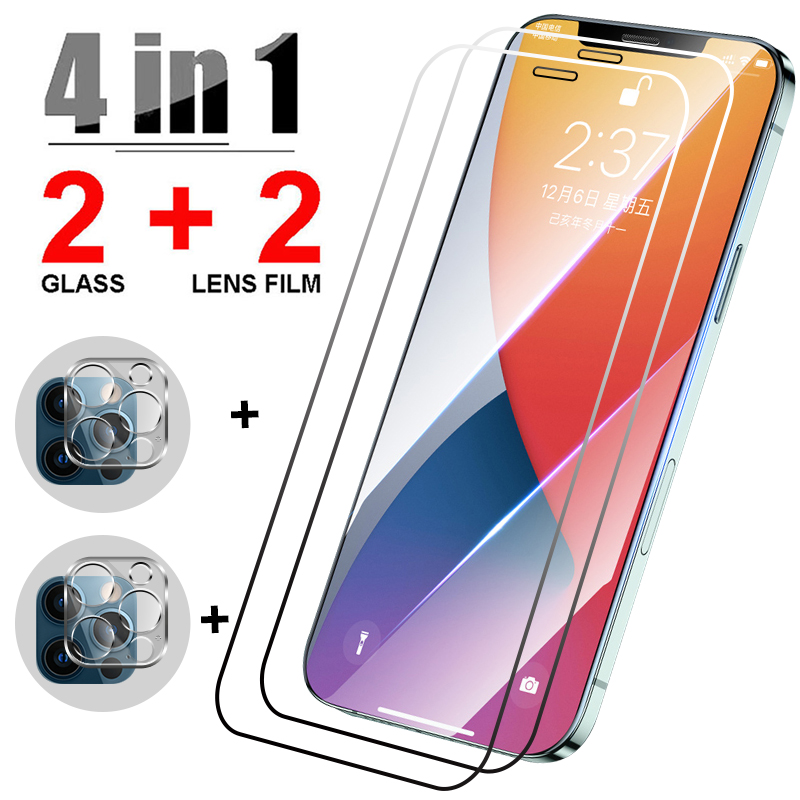 4in1 Tempered Glass For iPhone 13 12 11 Pro Max 13 12 11 Camera Lens Protector Glass For iphone 13 12 Mini XR X XS 7 8 6 6S Plus
