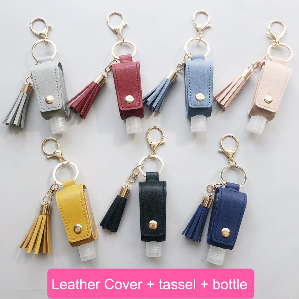 Hand Sanitizer Leder Keychain Halter Reise Flasche Nachfüllbar Container 30ml Flip Wiederverwendbare Flasche mit Quaste Keychain Träger