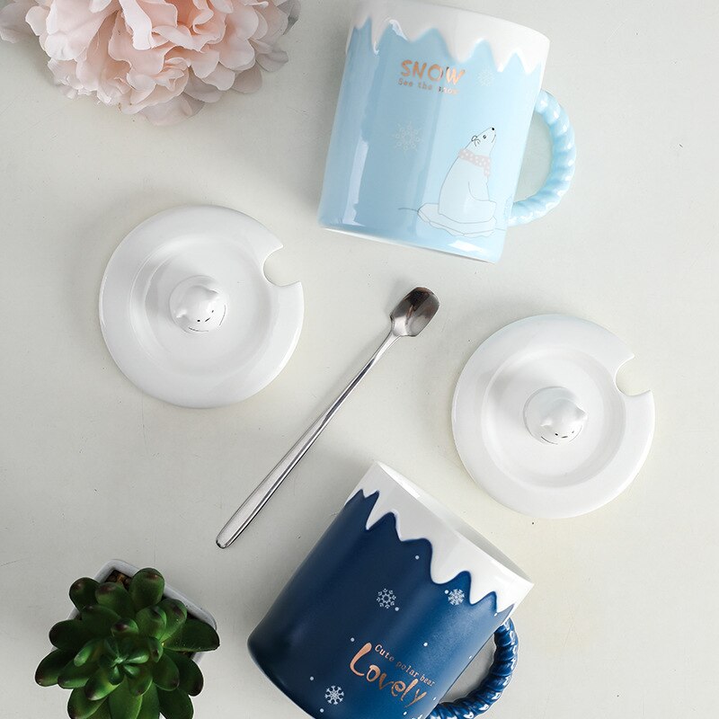 Leuke Ijsbeer Keramische Mok Met Deksel Lepel Koffie Cups Drinkware Koffie Thee Kopjes Student Melk Cup