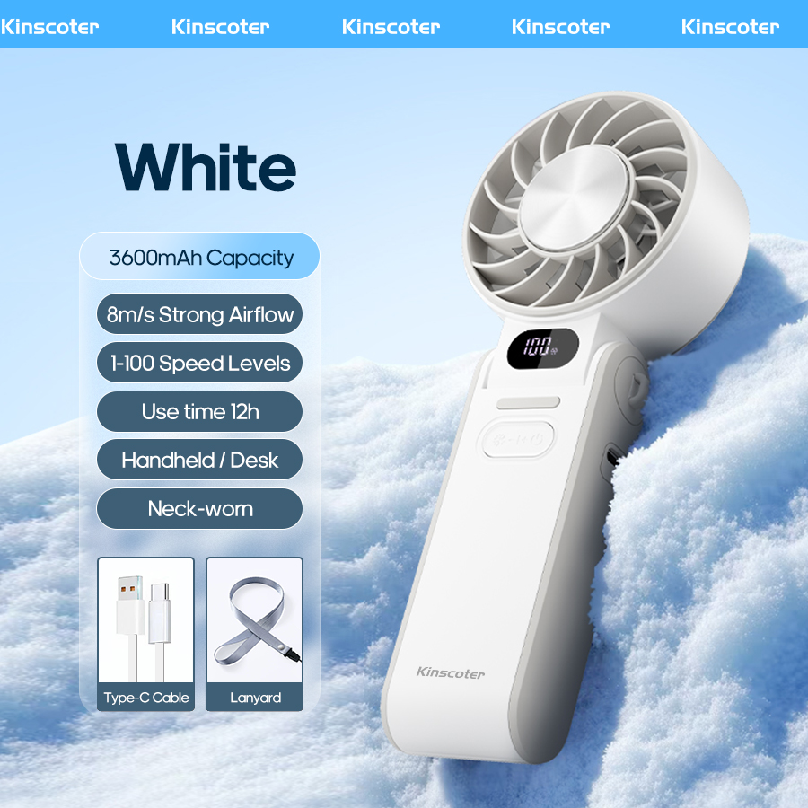 KINSCOTER Outdoor Foldable Portable Handheld Fan Mini Cooling Rechargeable 3600mAh 100-level Free Control High Speed Turbo Fan: Light Grey