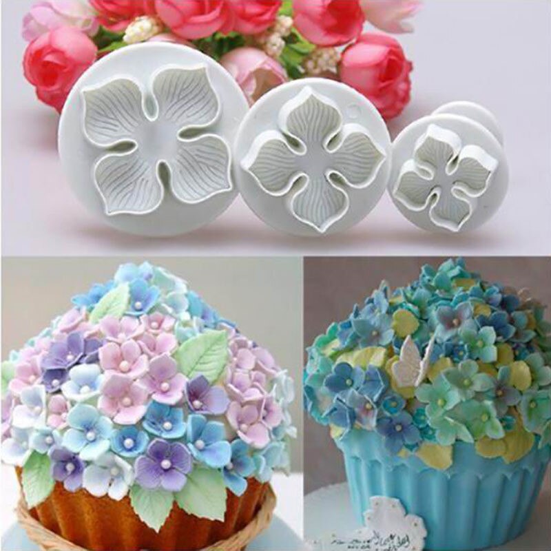 3 Stks/set Hydrangea Fondant Cake Decorating Sugarcraft Plunger Cookie Cutter Flower Blossom Mold Thuis Taart Gereedschap