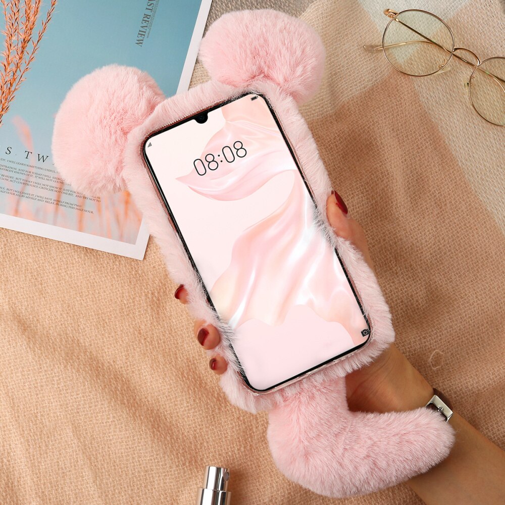 Warm Houden Comfortabele Telefoon Cover Pluche Rhinestone Camera Frame Telefoon Case Soft Shockproof Shell Met Oor En Staart