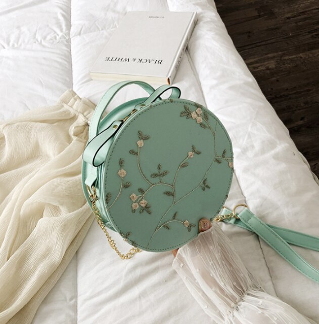 Zoete Kant Ronde Handtassen Pu Leer Vrouwen Crossbody Tassen Vrouwelijke Mode Kleine Verse Bloem Keten Schoudertas: green