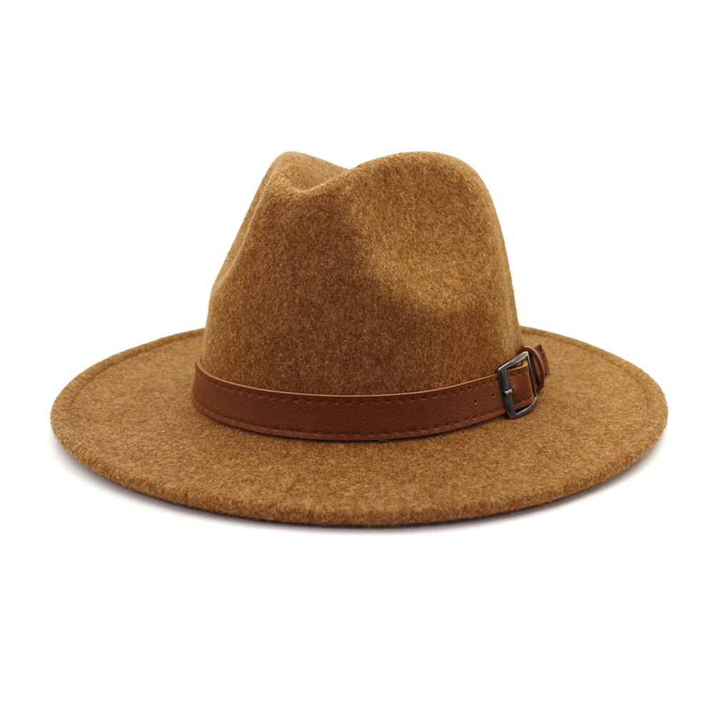 Sombrero Fedora de lana con lazo de cuero para hombre, gorra redonda americana y europea, color negro, para Otoño e Invierno: 3
