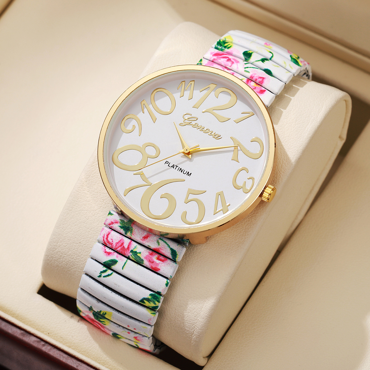 1/2/3/4 Uds. Reloj de Mujer con estampado de flores a la , correa elástica de lujo, relojes de cuarzo árabe, Reloj para Mujer y niñas (sin caja): Bronze