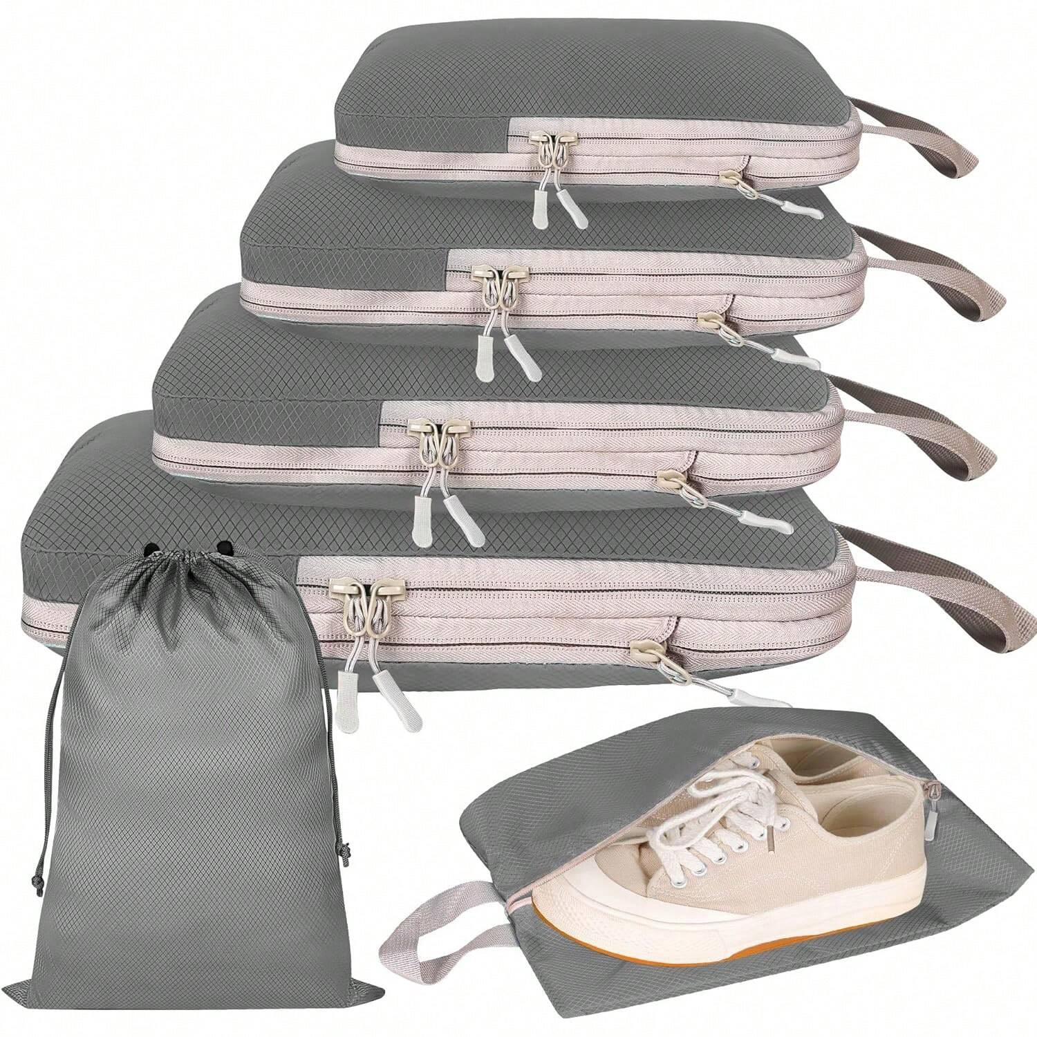 Set/6 stuks samendrukbare verpakking reisopbergtas kubussen waterdichte koffer nylon draagbaar met handtas bagage-organizer: GRIJS