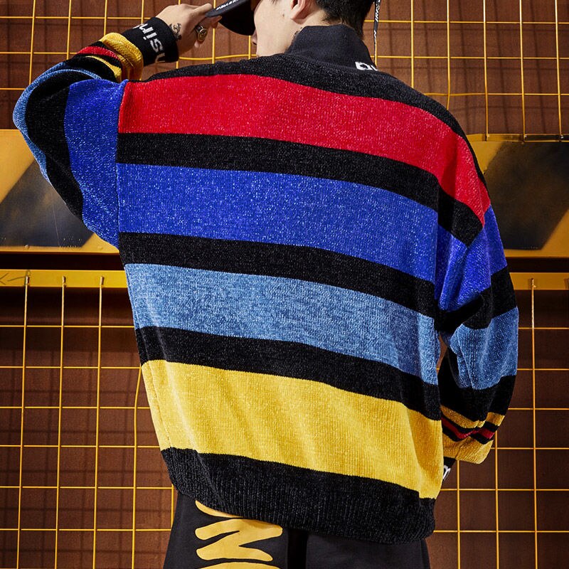 Preppy Style Striped Contrast Color Mens Sweaters Letter Casual Loose Turtleneck Men Knitted Pullovers Sweater