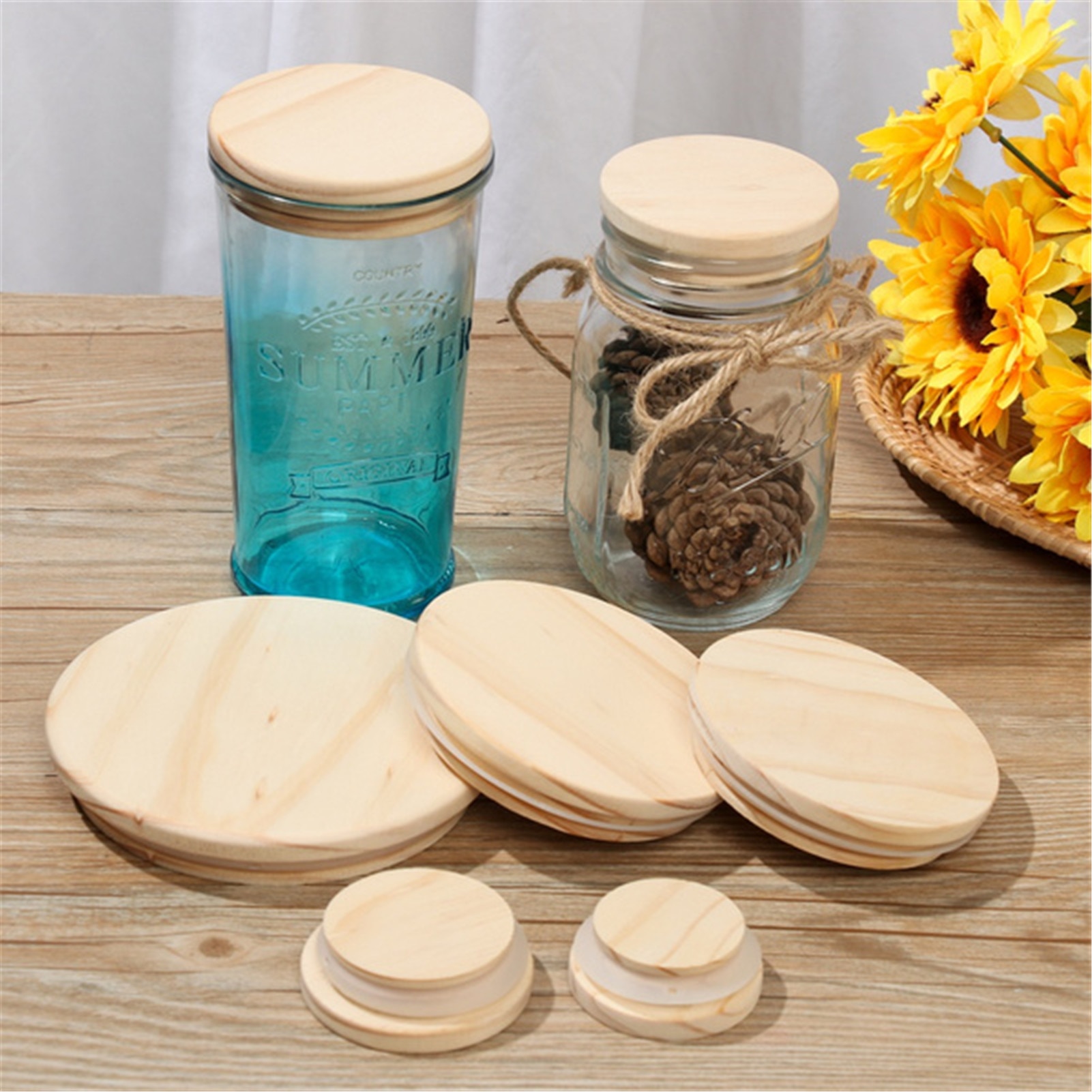 Reusable Mason Jar Canning Caps Non Leakage Pine Wooden Cover Lids with Silicone Seal Ring for Candle Cup Glass Accessories