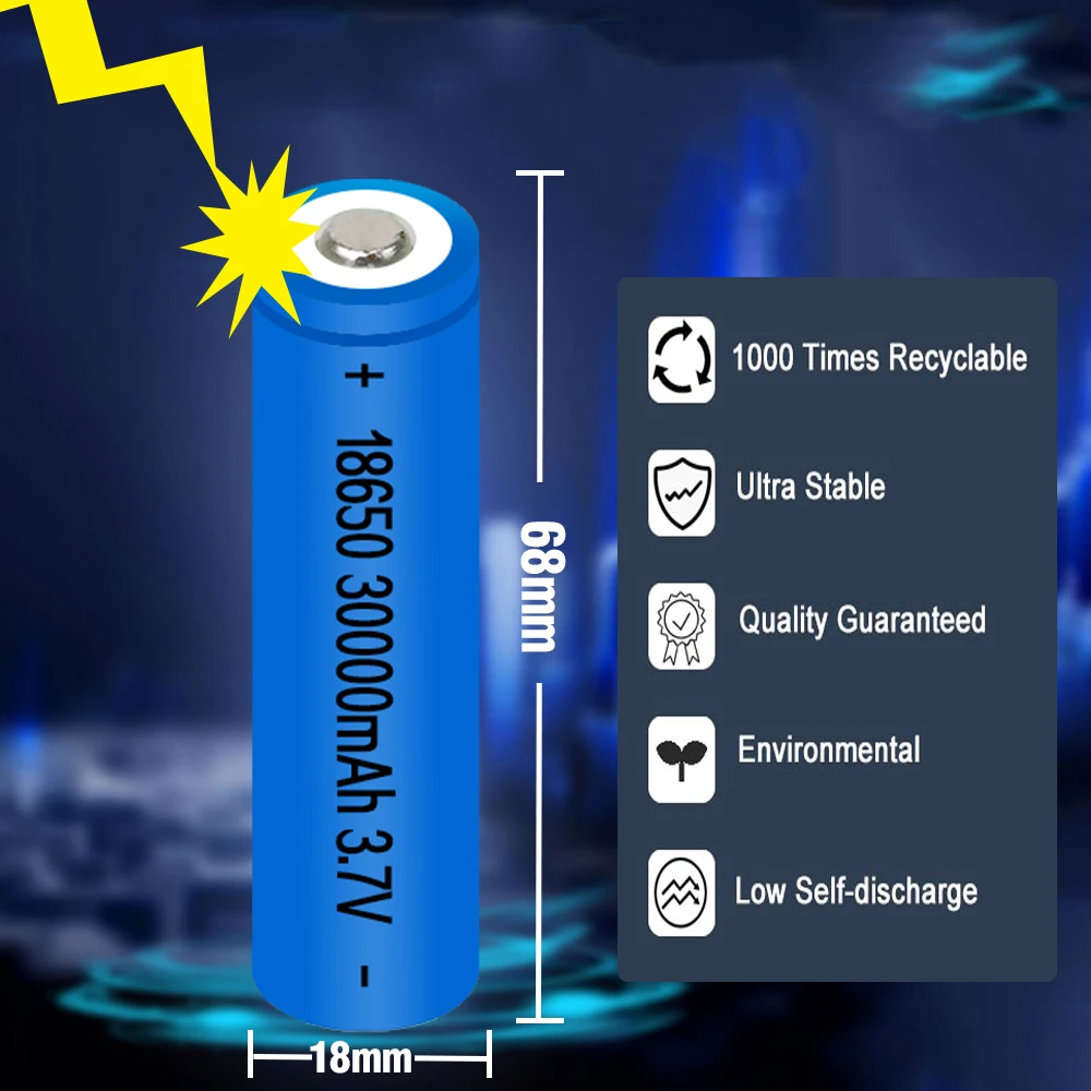 18650 Battery Rechargeable Battery 3.7V 18650 30000mAh Capacity Li-ion Rechargeable Battery For Flashlight Torch Battery