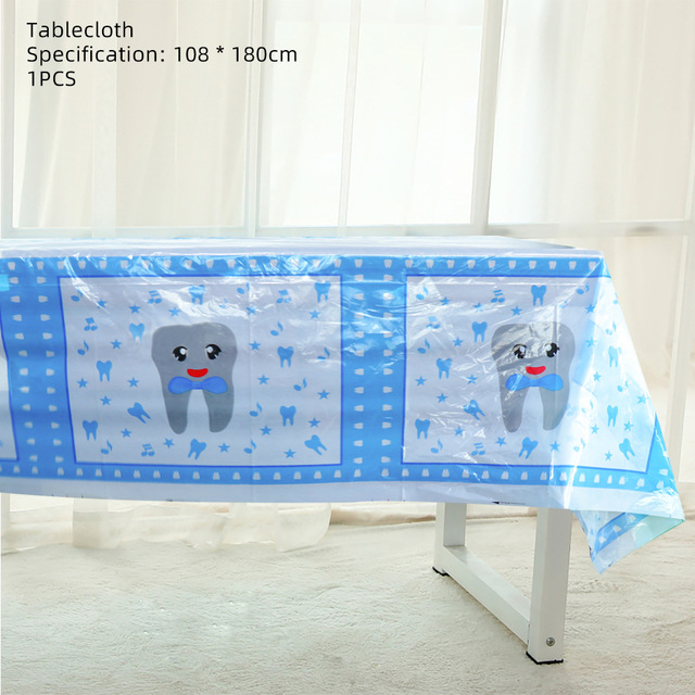 1set Boy/Girl My First Tooth Party Decor Supplies Disposable Tableware Paper Plates Cups DIY Baby Shower Birthday Tooth Balloon: table cloth 1pcs
