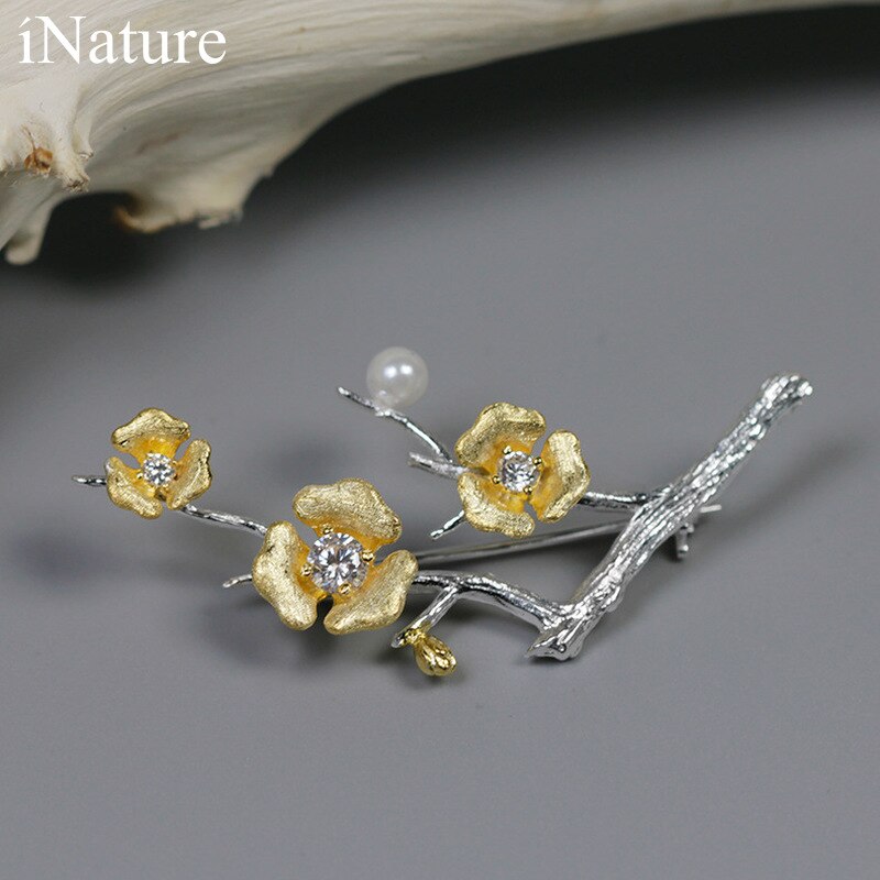 925 brosche aus sterlingsilber mit naturperlenblume an einem zweig, anstecknadel für damenbekleidung, schmuck