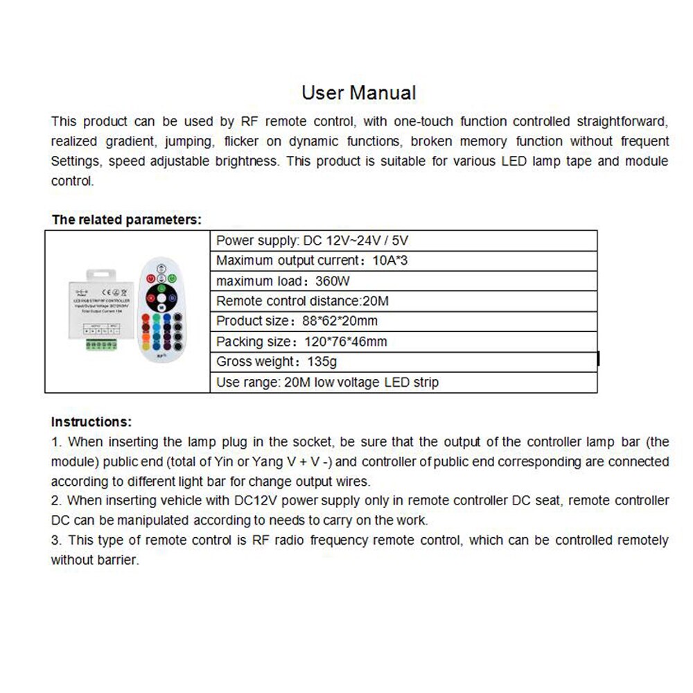 DC12-24V 30A LED RGB Controller with 24Key RF Remote Control 10AX3CH RF Wireless RGB controller dimmer for led strip light tape