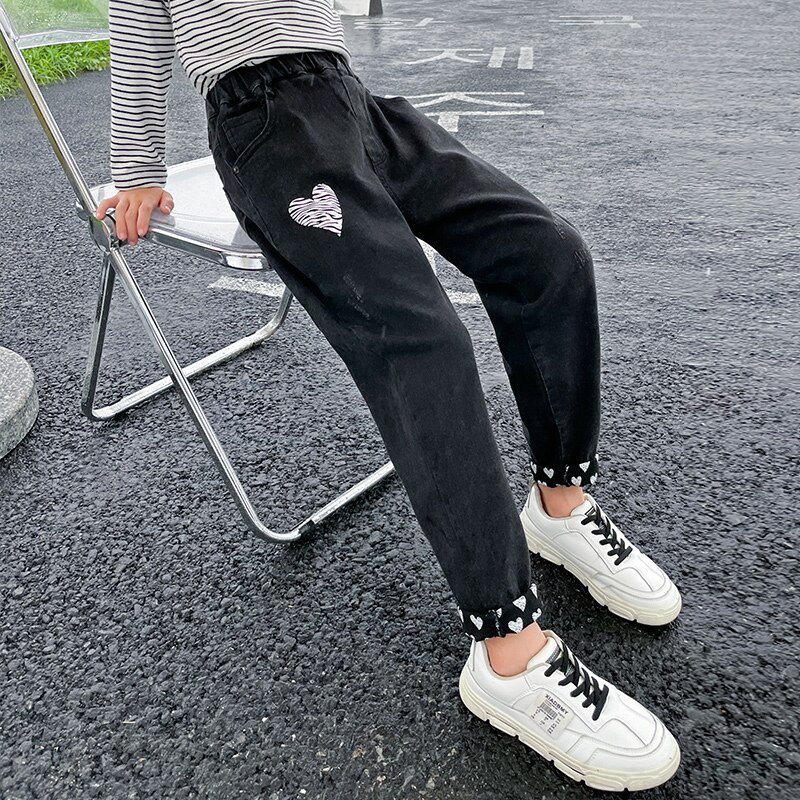 Pantalones vaqueros negros para niños y niñas adolescentes, pantalones bombachos informales de a la con estampado, talla nueva 2022, primavera y otoño, 10/12