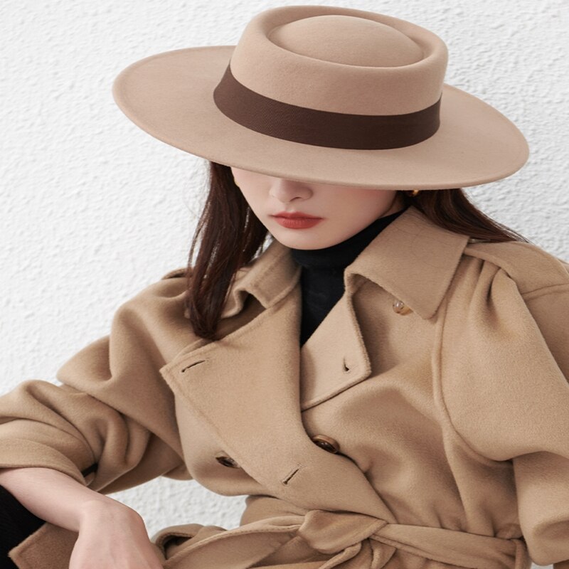 winter female flat-top trilby hat wide-brim hats for women wool felt fedora England cap