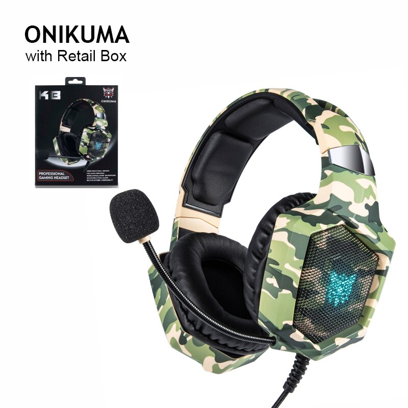 ONIKUMA K8 Gaming Headphones Camouflage Casque Wired PC Gamer Stereo Game Headset With Mic LED Light For PS4 PC XBox One Laptop: camo green with box