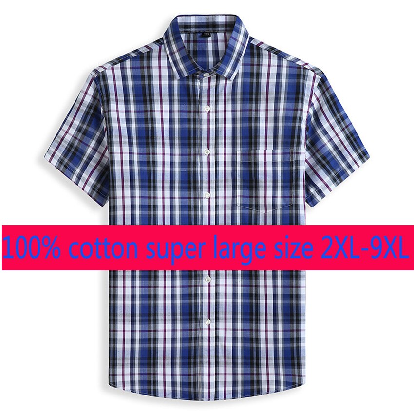 Super Large Men Thin Cotton Plaid Short Sleeve Summer Loose Turn-down Collar Casual Shirts Plus Size 2XL-7XL 8XL 9XL