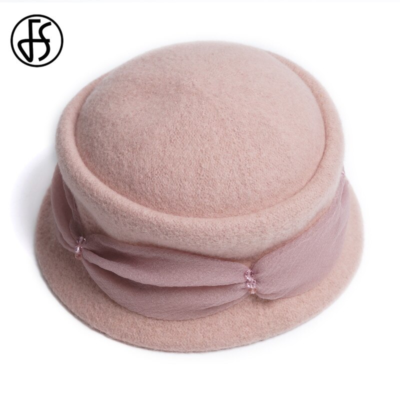FS Vintage rosa mujer Lana Cloche gorra redonda invierno Fedora cubo Beige vino rojo Bowler sombrero chica gorras: Pink
