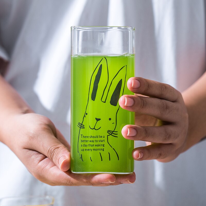 Transparent Square Cup Cute Animal Pattern Glass Cup Household Coffee Milk Breakfast Drink Mug Student Heat-resistant