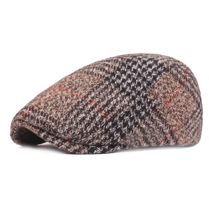 FS-Boina a cuadros de Tweed británico para hombre, gorros de lana plana, hiedra, Boina clásica a rayas, primavera e invierno: Khaki Flat Cap