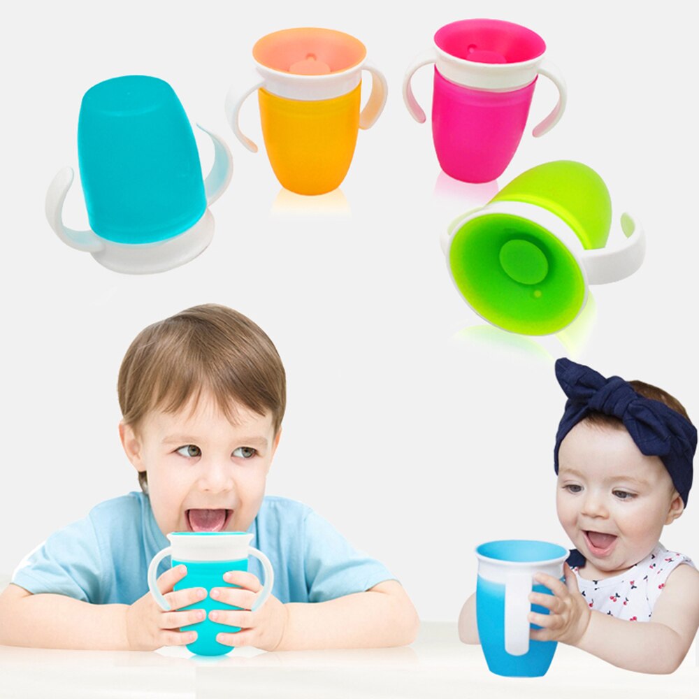 Botella mágica de alimentación de agua para niños a prueba de fugas de 360 grados, botella giratoria de aprendizaje para bebé, copa de plástico para beber con tapa abatible de doble manija