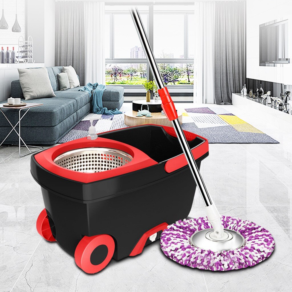 Upgraded Stainless Steel Microfiber 360 Rotating Mop And Bucket Kit Floor Clean Hands-free Spin Mop Bucket Set #C: Black