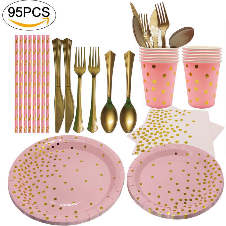 Pink Party Supplies Set Dinnerware Set Disposable Dots Paper Plates Napkins Cups Fork Knives Spoon Baby Shower Birthday Wedding: pink dot set