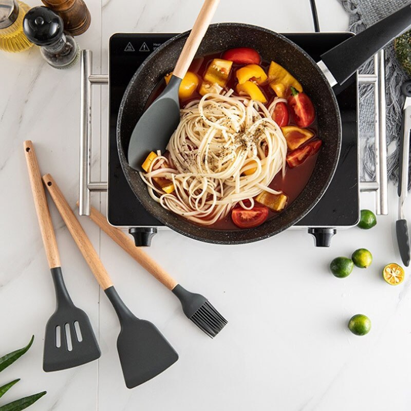Ustensiles de cuisine en Silicone | Ustensiles de cuisine, ensemble d'ustensiles de cuisine, ustensiles de cuisine antiadhésifs, poignées en bois, outils de cuisine, pinces tournantes cuillère