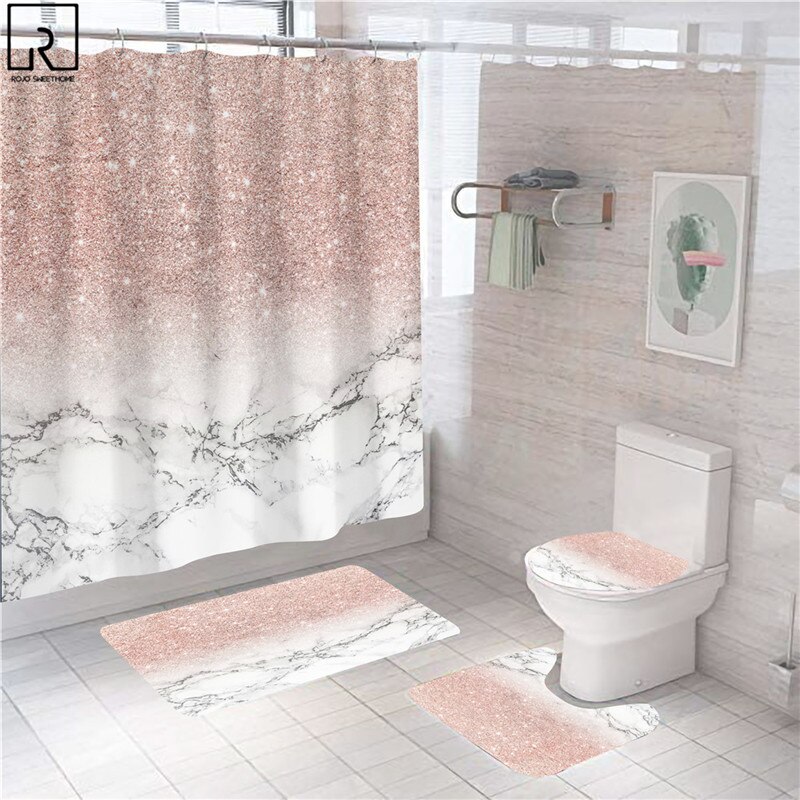 Rideaux de douche en marbre rose, décor brillant pour salle de bain, tissu en Polyester, couverture de toilette, tapis, accessoires de WC