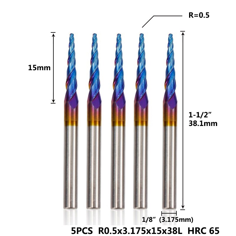 Xcan konisk kuglenæse endefræser 1/8 '' (3.175mm)  skaft supercoated hårdmetal fræser 5 stk sæt træ metal graveringsbit: R0.5 hrc 65