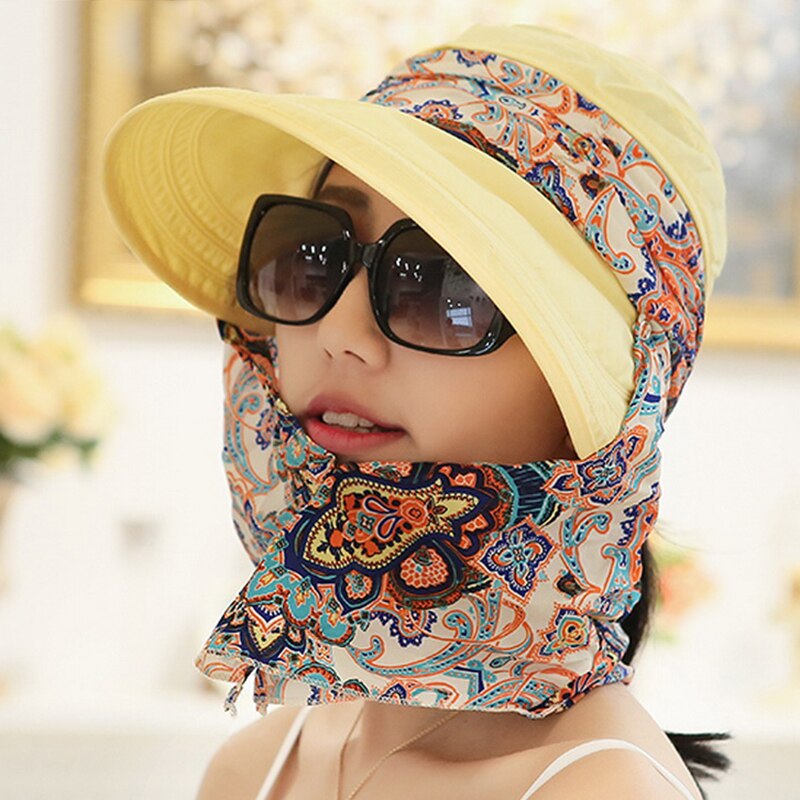 Gorra para mujer, sombrero para el sol, protección UV, de verano, flor personalizada con chal, sombrero plegable de borde grande, sombrero de sol de playa para mujer: yellow