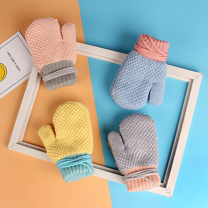 Winter Warm Kinderen Handschoenen Volledige Vinger 2-6 Jaar Oud Pluche En Dikker Zachte Gebreide Wanten Leuke Patchwork snoep Kleur