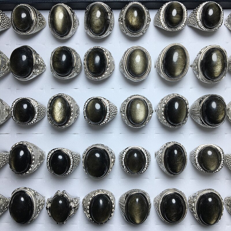 Vintage Natuurlijke Obsidiaan Ovale Ring Voor Mannen Cat Eye Power Stone Verstelbare Ring Mannen Fijne Sieraden