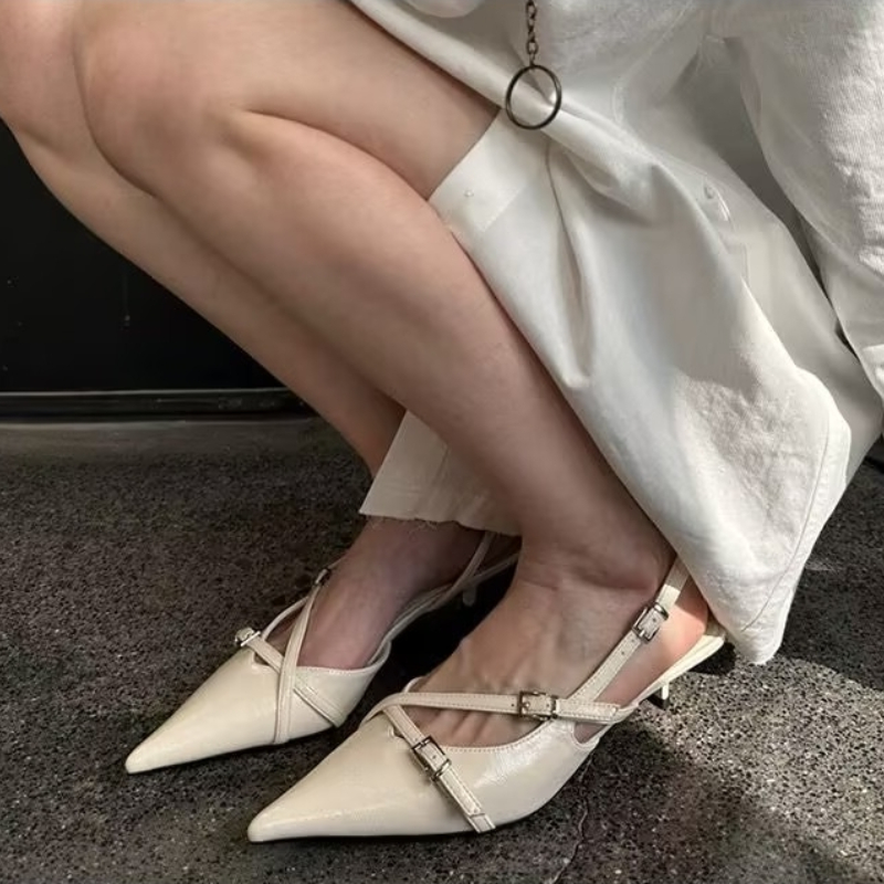 de verano, tacones altos sexis puntiagudos, sandalias informales poco profundas, hebilla , tacones altos finos decorativos, zapatos negros para mujer: Blanco / 37