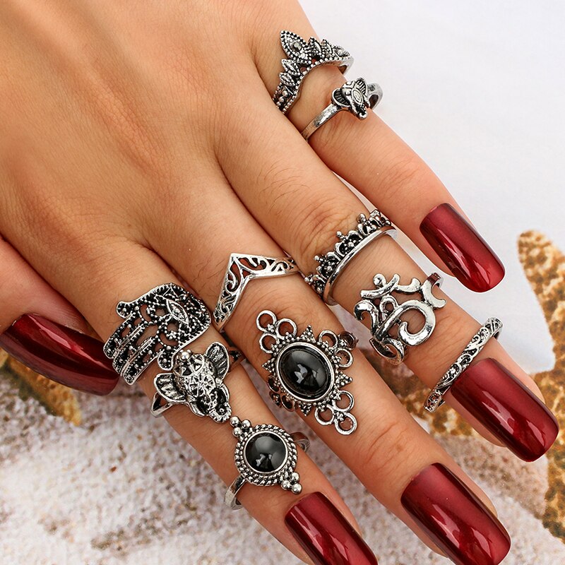 Tocona Vintage Antiek Zilver Kleur Zwart Opaal Olifant Ring Set Voor Vrouwen Gesneden Vinger Ringen Party Beach Ringen 10 Stks/set 4561