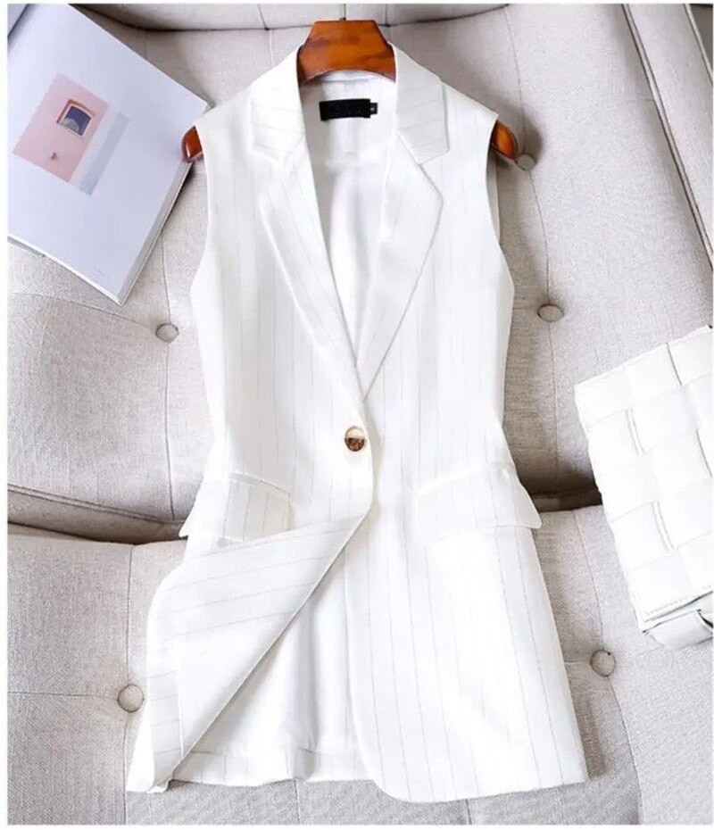 Gilet mi-long à rayures pour femmes, veste de costume coréen, sans manches, col, collection printemps-automne: white / S