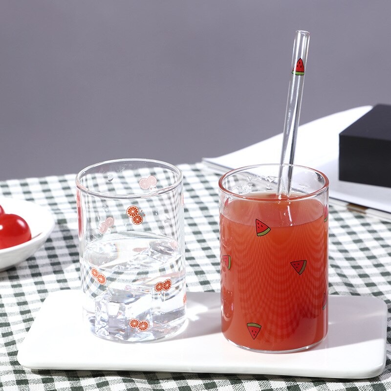 Cute Fruit Printed Glass Mug Cup Heat-resistant Milk Juice Glass Water Cup with Straw Beer Coffee Cup Whiskey Lemon Tea Mugs