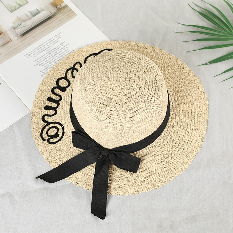 Chapeau de soleil pour enfants, chapeau de soleil pour enfants, mignon, chapeau avec nœud, en paille, fait à la main, pour femmes, chapeau de plage à grand bord, pour filles, décontracté: Beige / M
