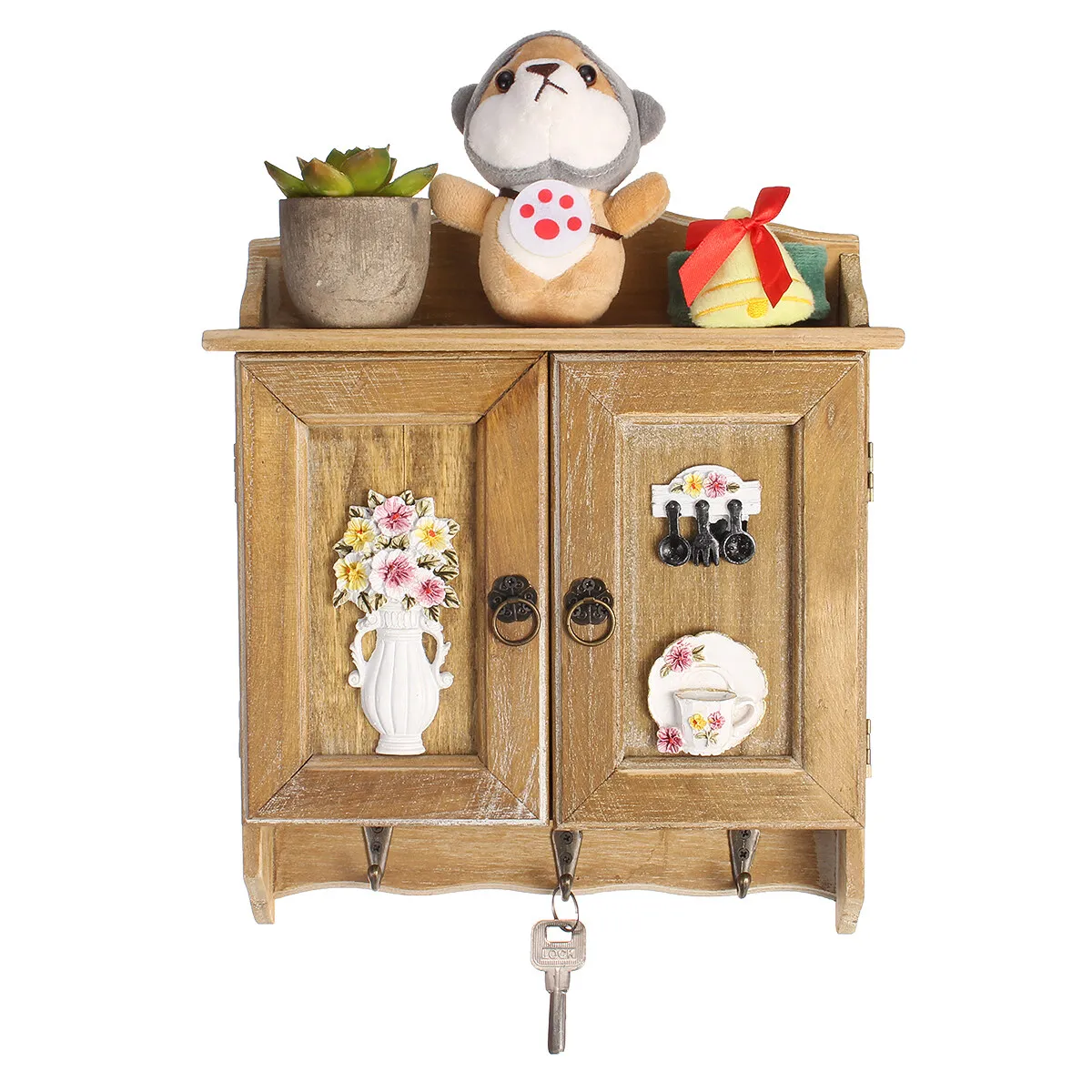 Caja organizadora Retro de madera con puertas dobles, estante organizador con 9 ganchos, soportes montados en la pared para armario, decoración para el hogar y la sala de estar: Gris oscuro