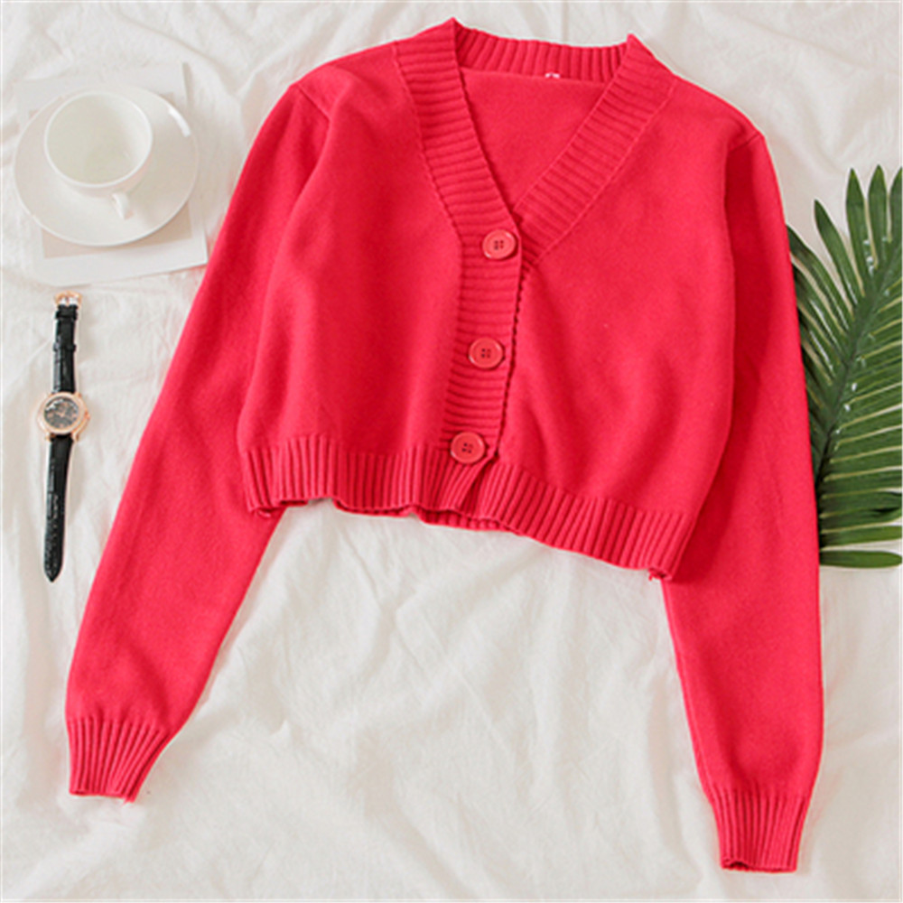 Women's Cropped Cardigan Sweaters Female Black White Short Sweater V Neck Single Breasted Sweater Woman Knitted Cardigan PZ3230: Red