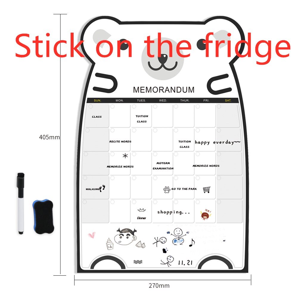 Cute Bear Magnetic Message Whiteboard Office Remind Memo Pad Fridge Magnet To do list Calendar Monthly Daily Planner with Marker: 0304JH123C1B