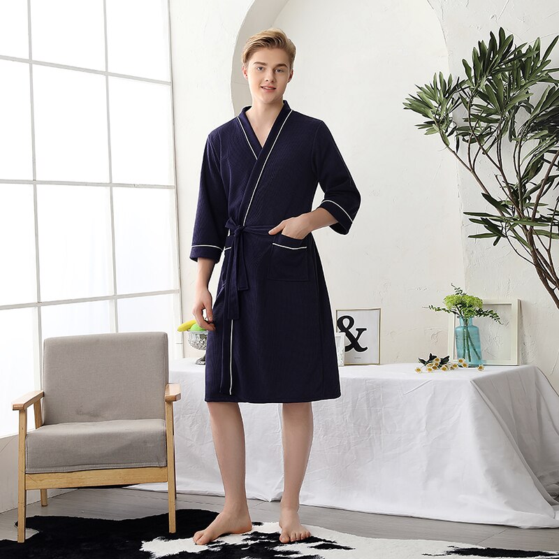 Four Seasons Soft Waffle 3 Quarter Sleeve Man Bathrobe W1901: Navy / XXXL