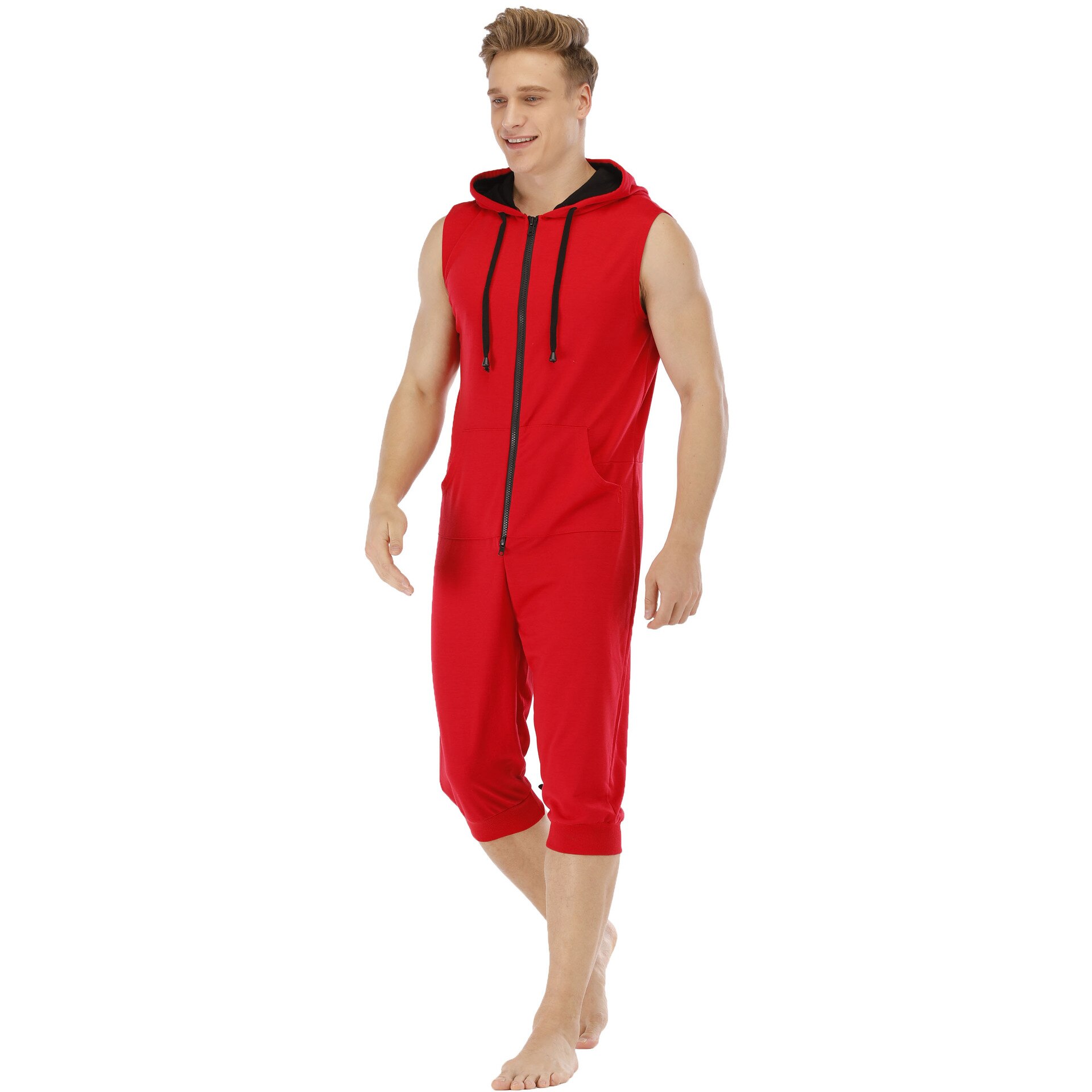 Summer Hooded Jumpsuit Pajamas For Men Short Sleeve Sleep Suit Onesie For Adults