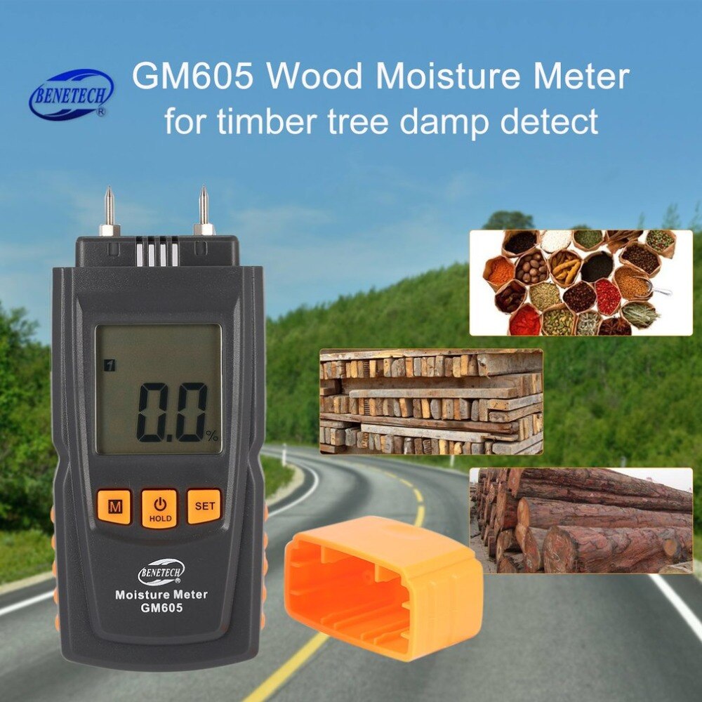GM605 Digital LCD Display Wood Moisture Meter Humidity Tester Timber Paper Tree Damp Detector 2 Pins Hygrometer