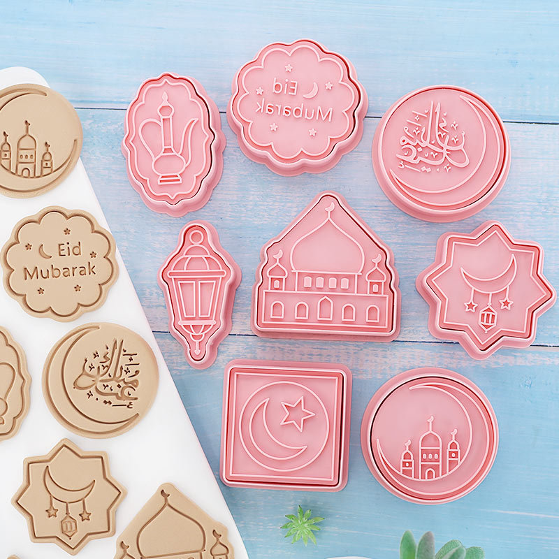 8 Teile/satz Eid Mubarak Ausstechformen Kunststoff 3D Mond Stern Pressbare Keks bilden Cookie Stempel Küche Backen Gebäck Backformen