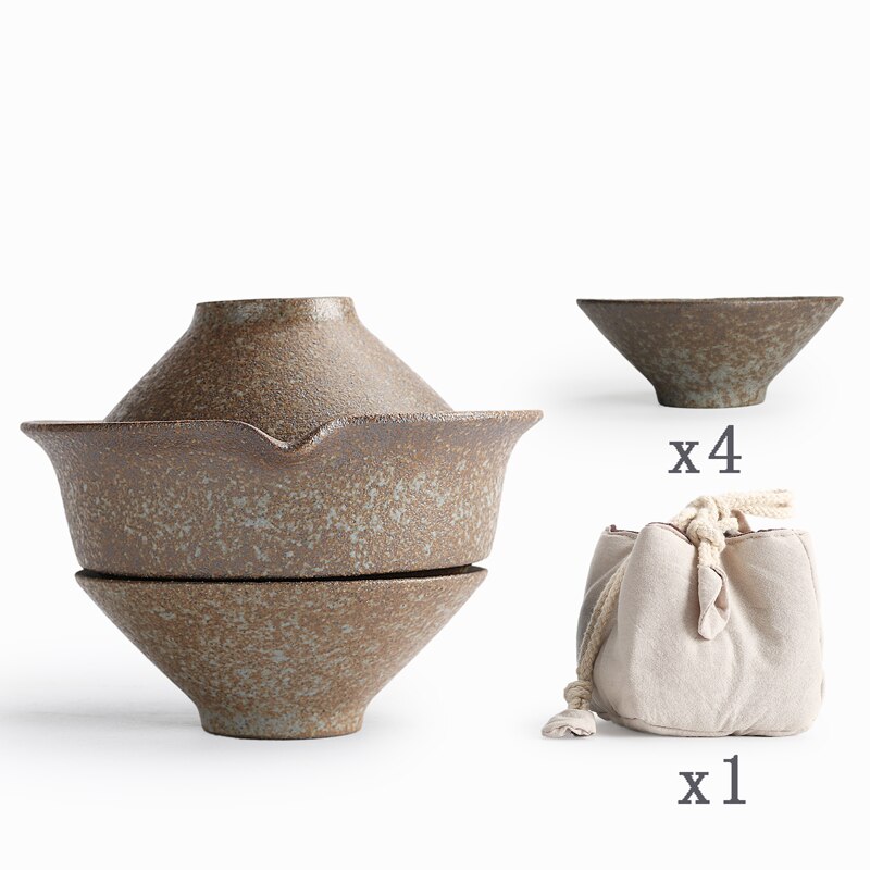 Utomhusläger bärbar svart grov keramik vintage japansk snabbkopp 1 tekanna 2 koppar med åkpåse puer te kung fu teset: C04