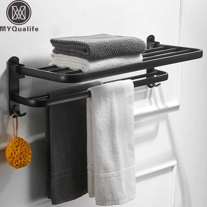 Matte Black Movable Bath Towel Holder No punching Wall Mounted Bath Towel Shelf Folding Towel Holder Towel Bar with Hooks