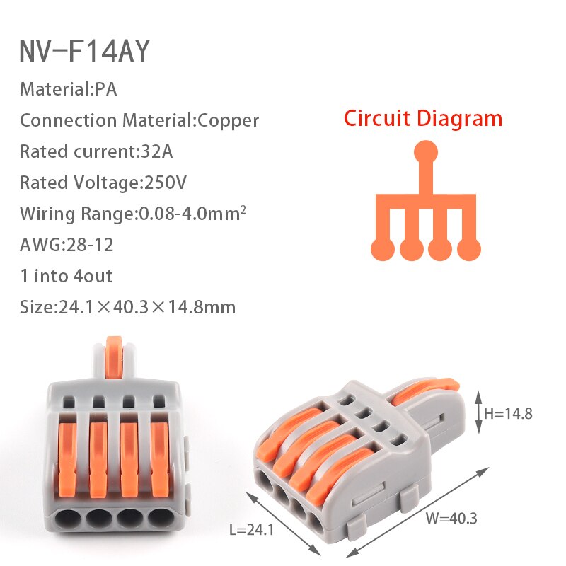 5PCS Quick Cable Splitter Push-in Wire Connector Universal Compact Conductor Wiring Terminal Block For ELECTRICAL Connection: F14AO