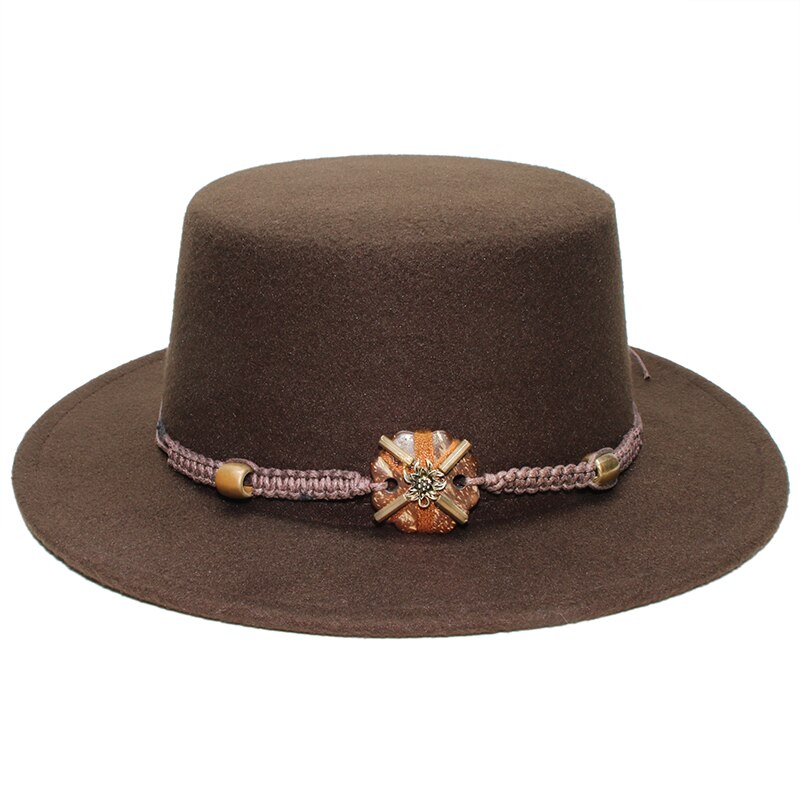 Retro Unisex Women Men /Kid Child Wool Fedora Flat Dome Oval Top Bowler Porkpie Pork-pie Hat Wood Bead Knitted Band (54/57cm): Brown / Adult Size 57cm