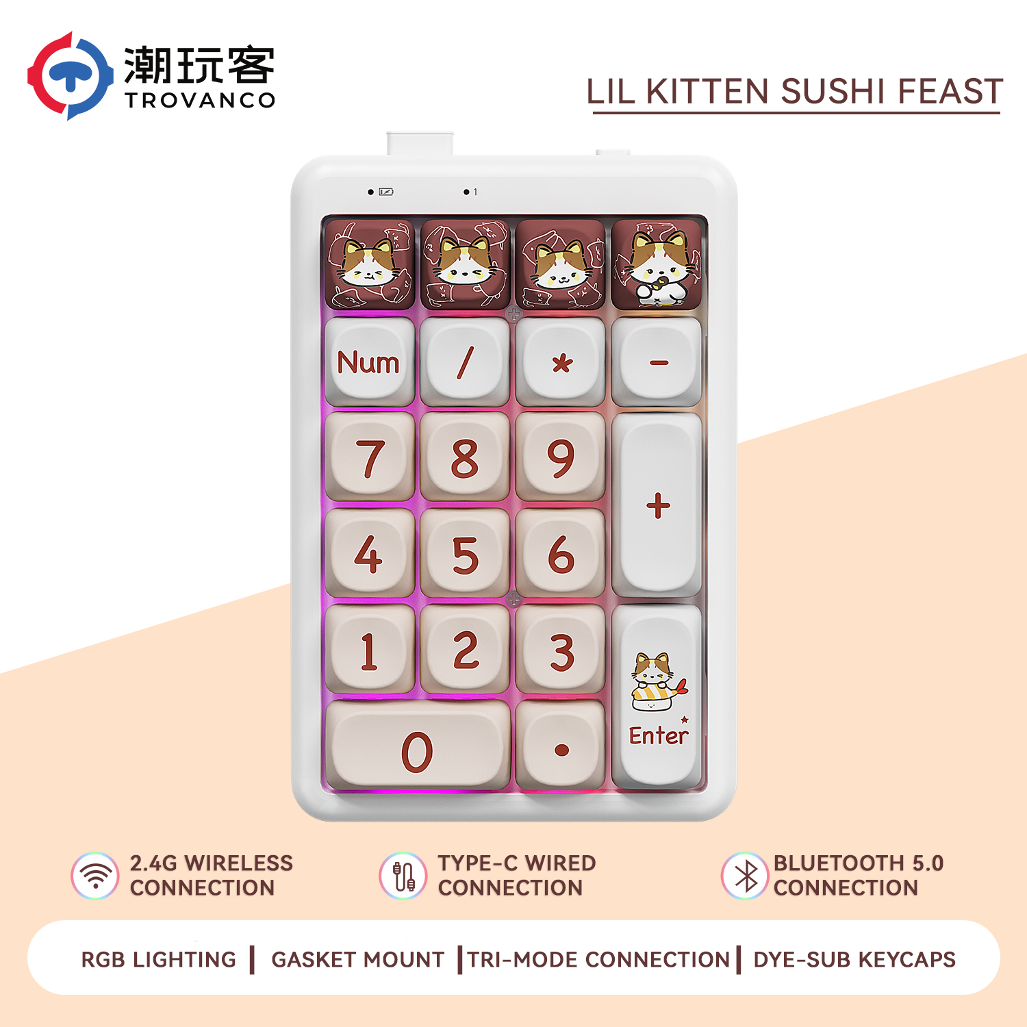 21-Key Wireless Mechanical Keyboard Number Pad Tri-Mode Cartoon Numeric Keypad with -Swappable Switches RGB Backlight: Khaki / BLACK SWITCH